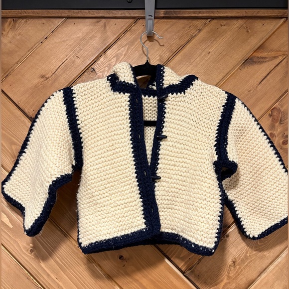Hand Knit Kids Cream and Blue Sweater - Picture 1 of 6